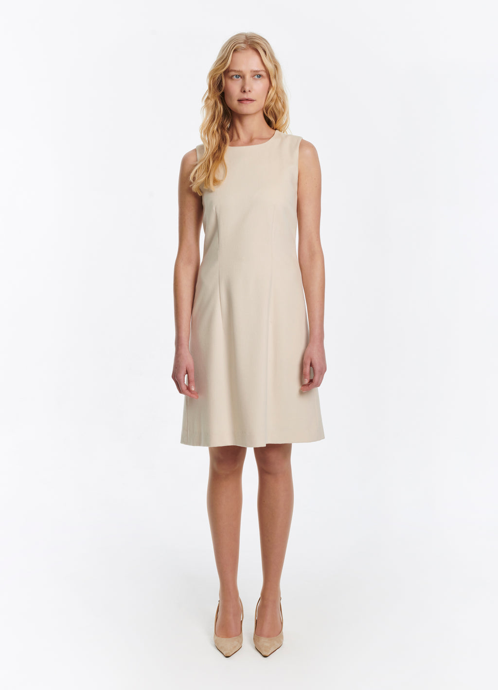 SCHOENBACH stretch wool shift dress in ecru, front view