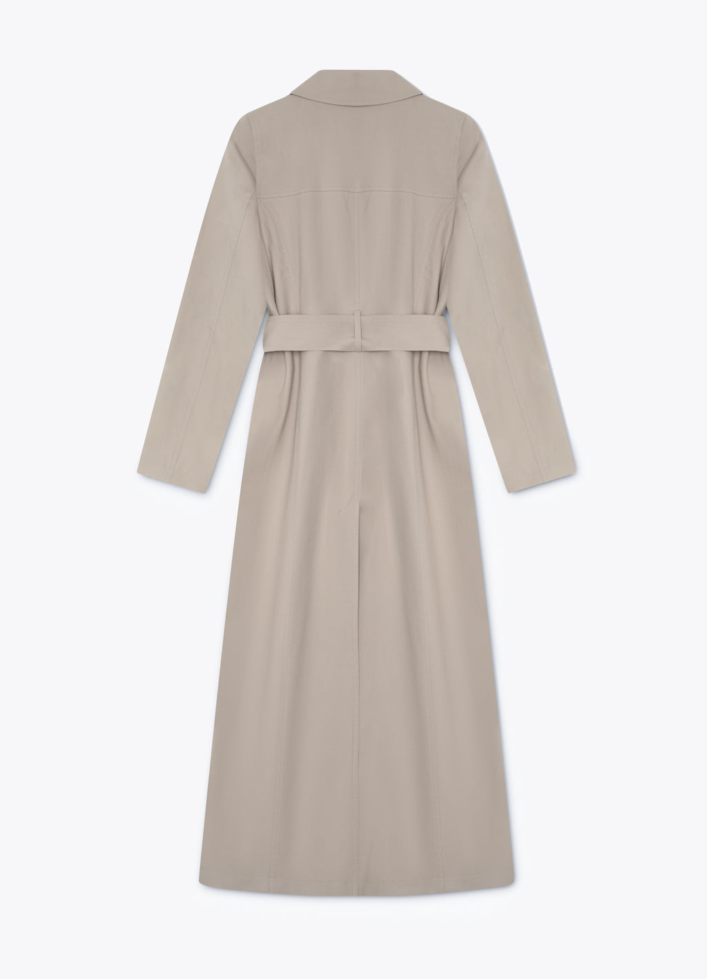 Taupe cotton trench coat with belt, back view