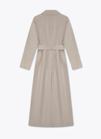 Taupe cotton trench coat with belt, back view