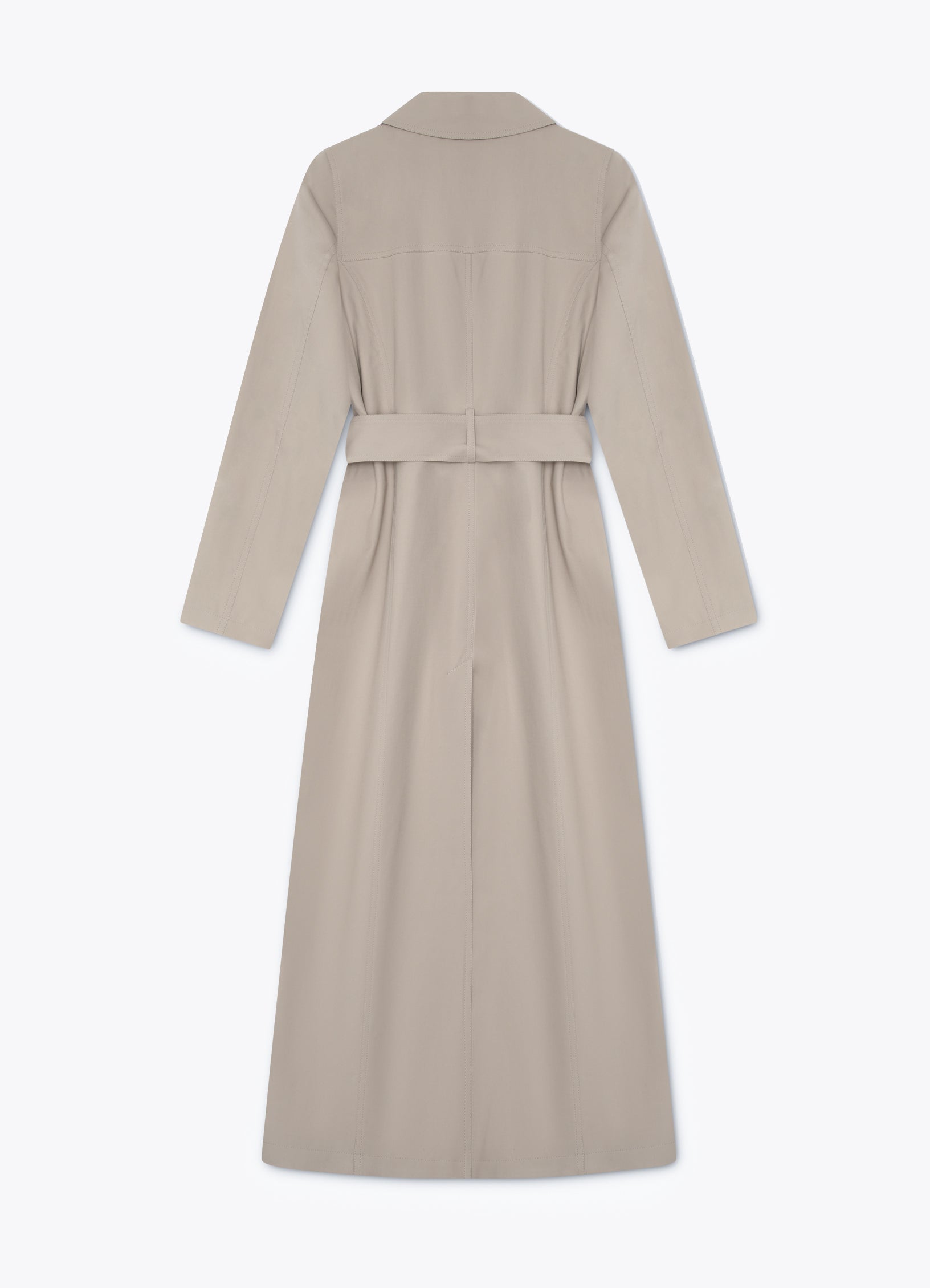 Taupe cotton trench coat with belt, back view