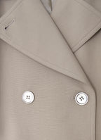 Taupe trench coat detail with mother-of-pearl buttons