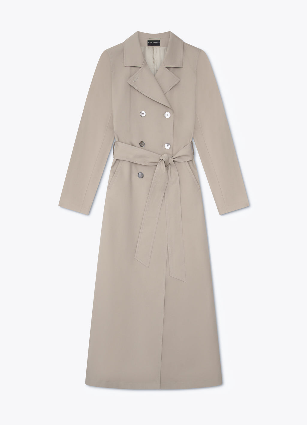 Taupe cotton trench coat with belt and double-breasted front