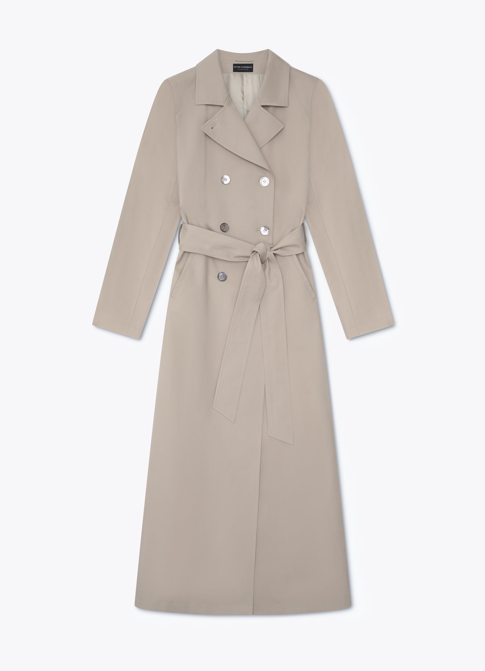 Taupe cotton trench coat with belt and double-breasted front