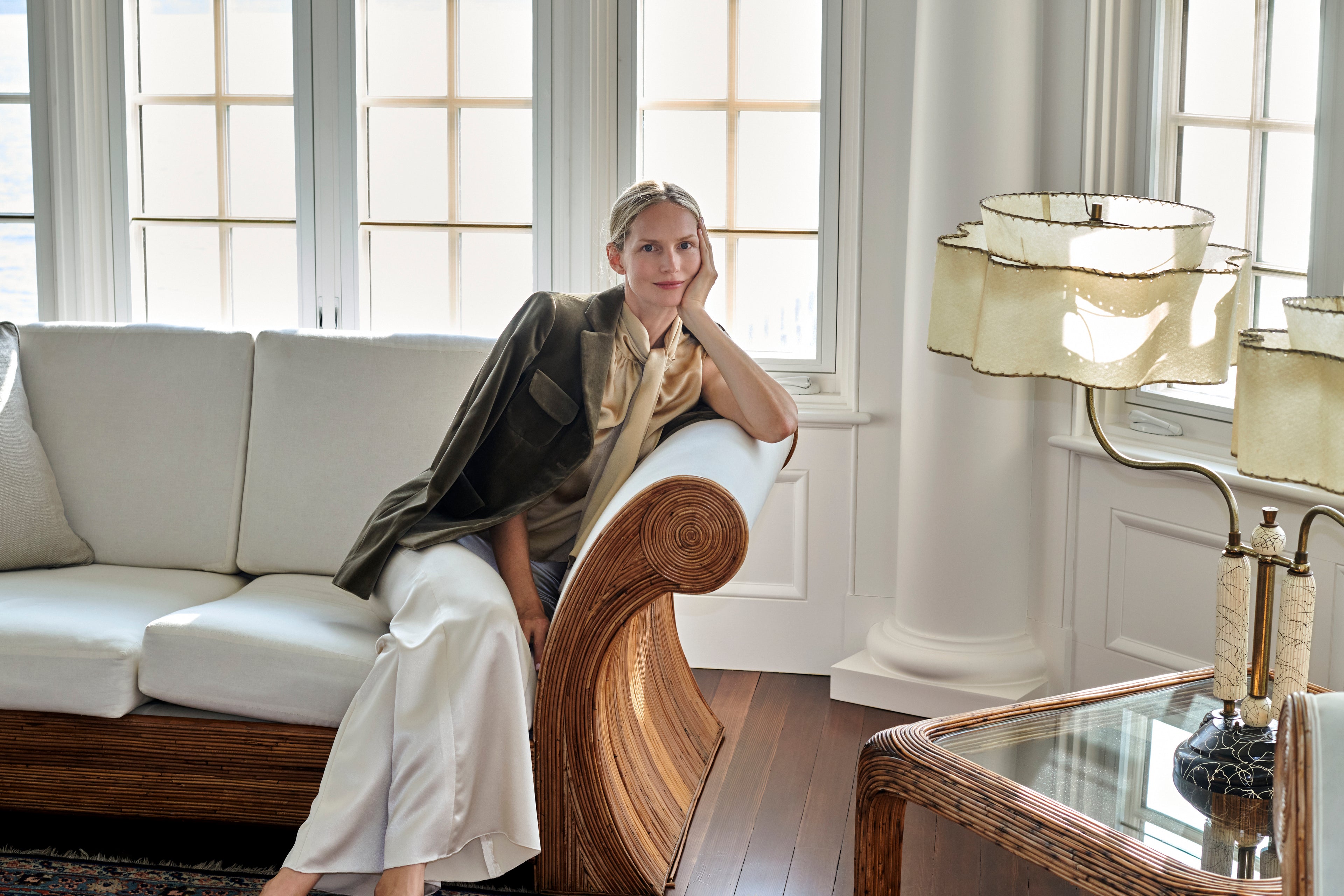 SCHOENBACH velvet blazer and satin blouse interior editorial
