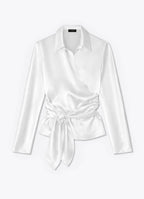 Satin wrap blouse in white front view with tie fastening and long sleeves