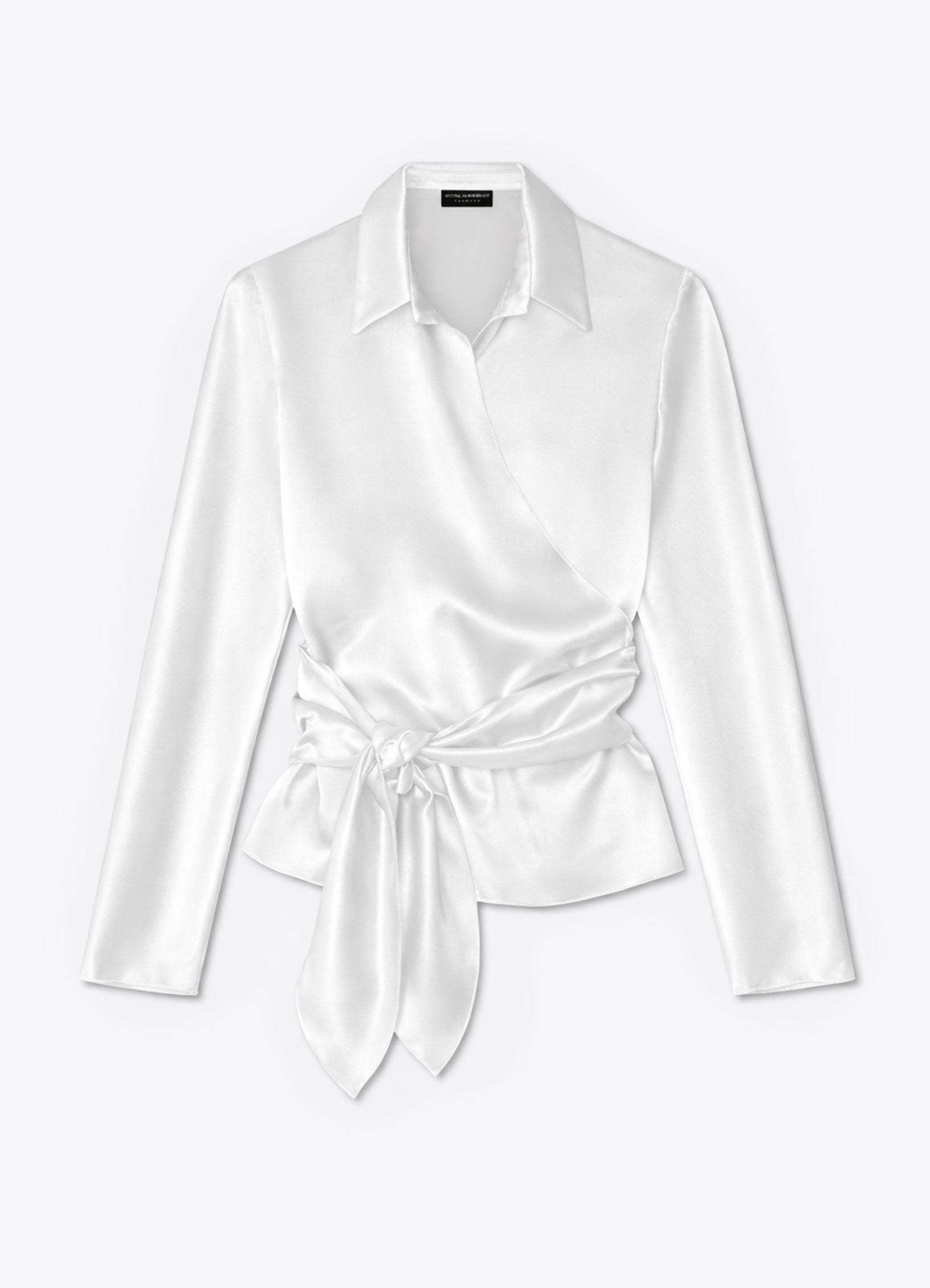 Satin wrap blouse in white front view with tie fastening and long sleeves