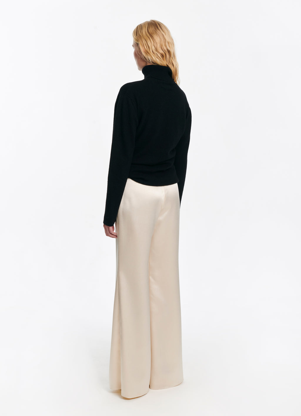 SCHOENBACH wide-leg satin trousers in ivory, back view