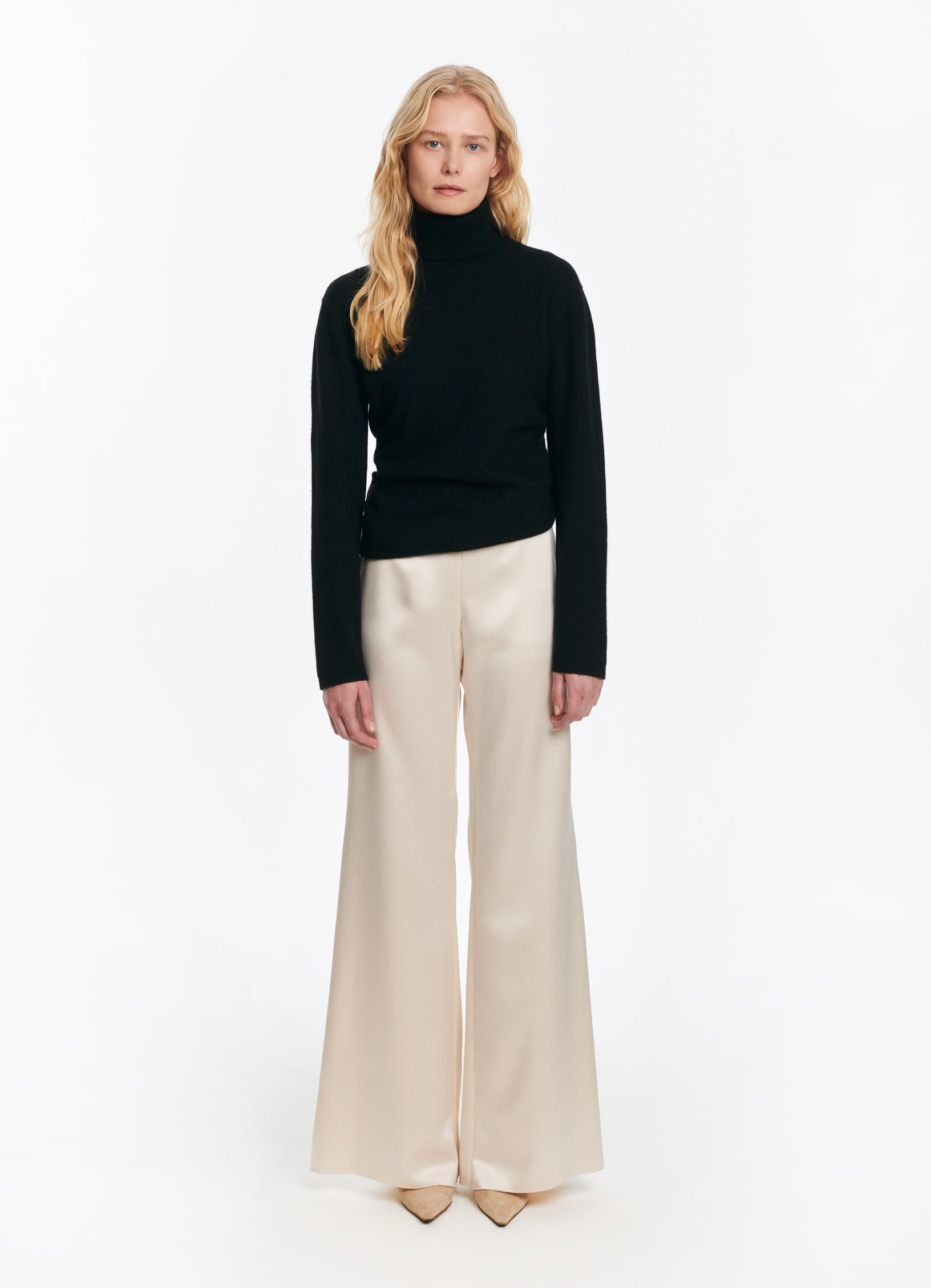 SCHOENBACH wide-leg satin trousers in ivory, front view