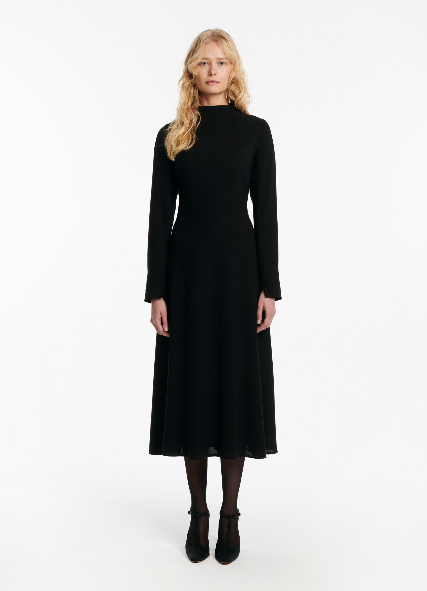 SCHOENBACH wool midi dress in black, front full-length view