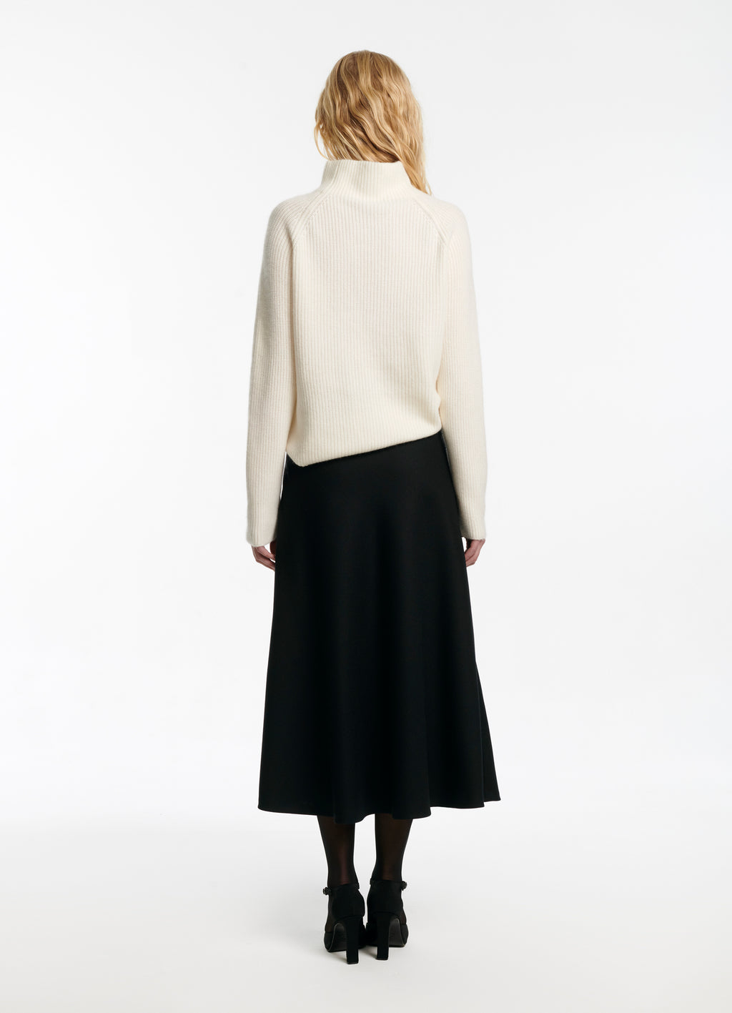 SCHOENBACH wool piquet midi skirt in black, back full-length view