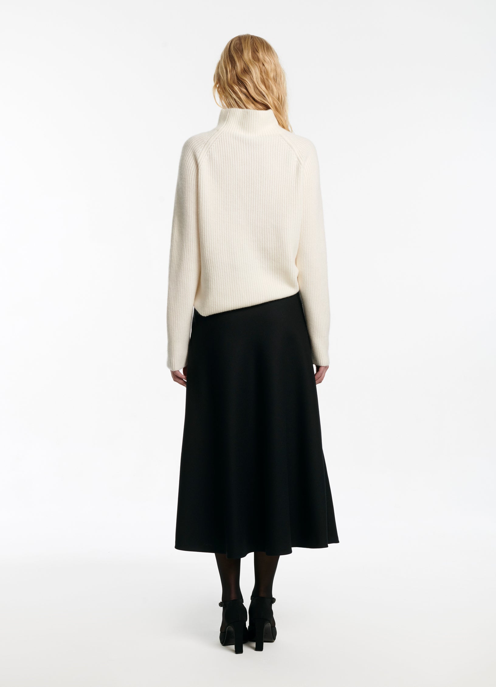 SCHOENBACH wool piquet midi skirt in black, back full-length view