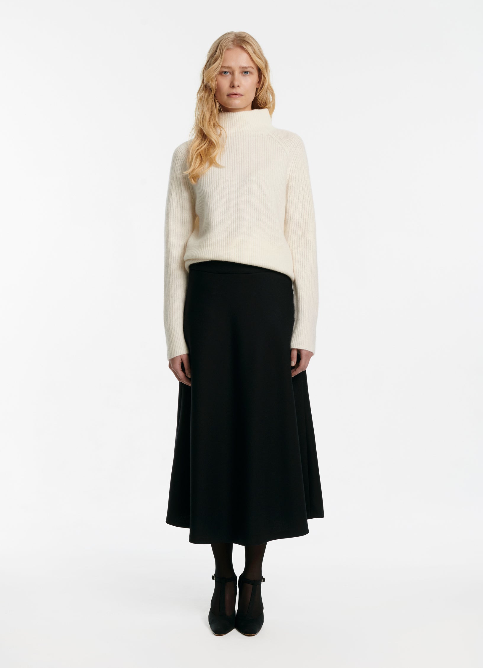 SCHOENBACH wool piquet midi skirt in black, front full-length view